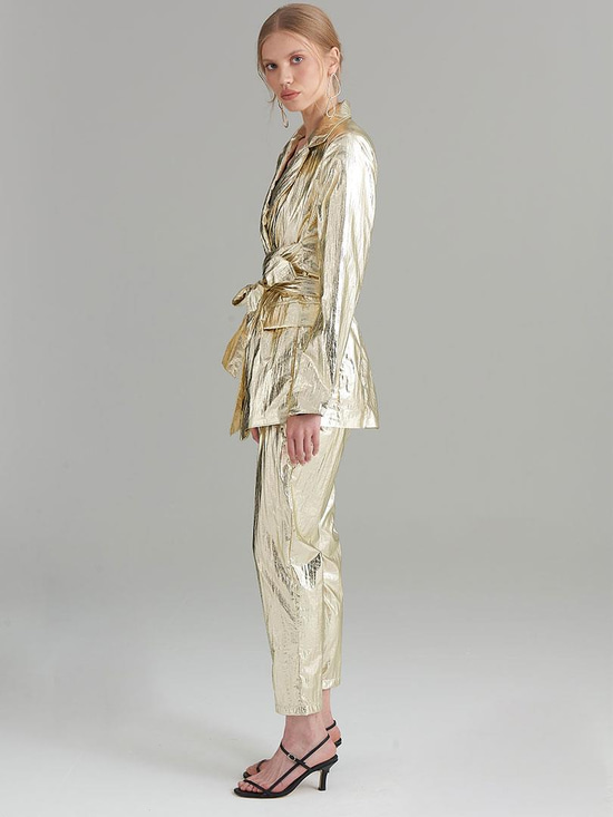 Glitter Paraşüt Kumaş Fermuar Detaylı Pantolon - Gold