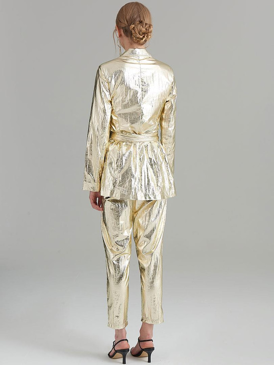 Glitter Paraşüt Kumaş Fermuar Detaylı Pantolon - Gold