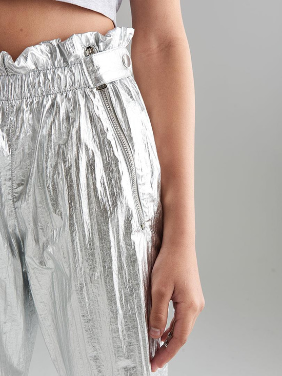Glitter Paraşüt Kumaş Fermuar Detaylı Pantolon - Silver