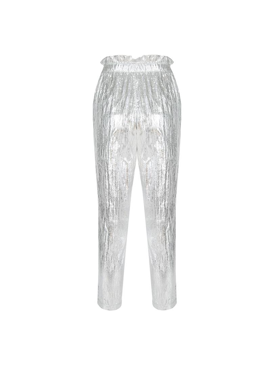 Glitter Paraşüt Kumaş Fermuar Detaylı Pantolon - Silver