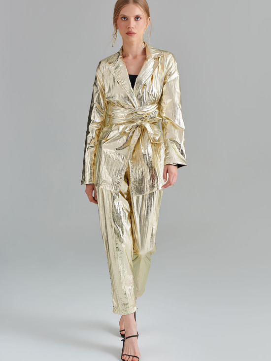 Glitter Paraşüt Kumaş Fermuar Detaylı Pantolon - Gold