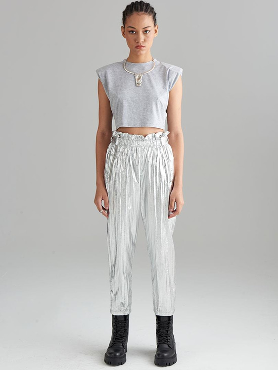 Glitter Paraşüt Kumaş Fermuar Detaylı Pantolon - Silver