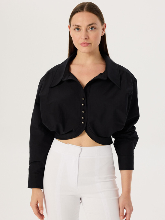 İnci Düğmeli Oversize Koton Gömlek - Siyah Gömlek Modelleri