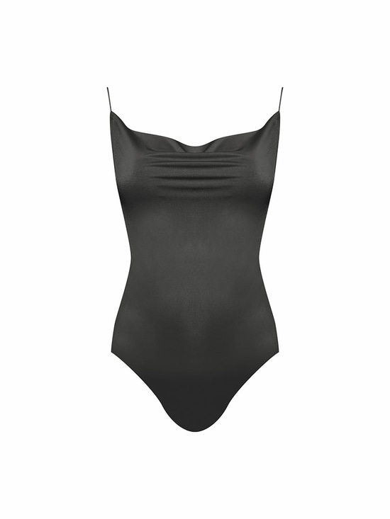 İp Askılı Degaje Yaka Bodysuit - Siyah