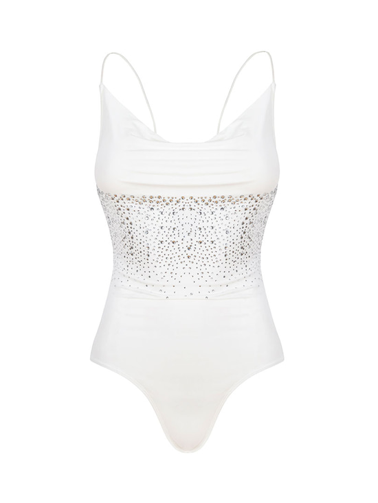 İp Askılı Degaje Yaka Kristal Taşlı Bodysuit - Ekru
