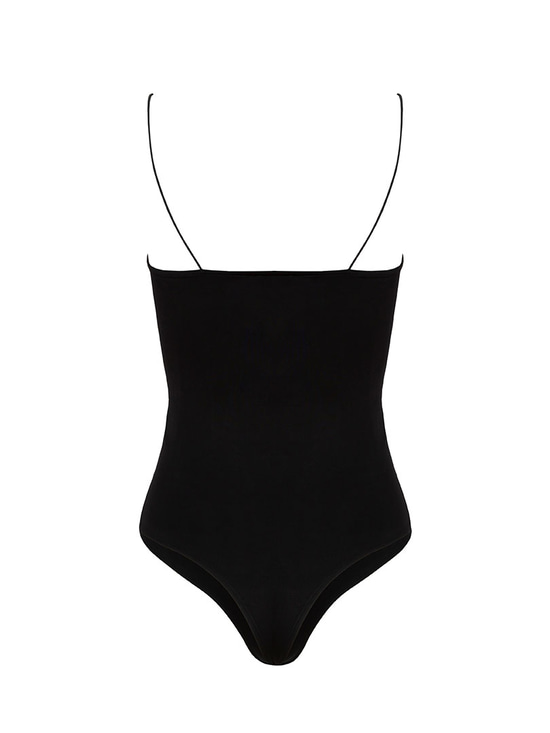 İp Askılı Degaje Yaka Kristal Taşlı Bodysuit - Siyah