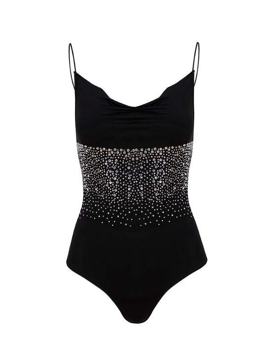 İp Askılı Degaje Yaka Kristal Taşlı Bodysuit - Siyah