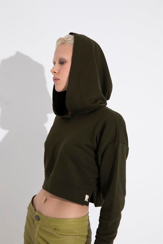 Kapüşonlu Kısa Sweatshirt - Haki