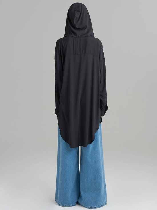 Kapüşonlu Oversize Gömlek - Siyah