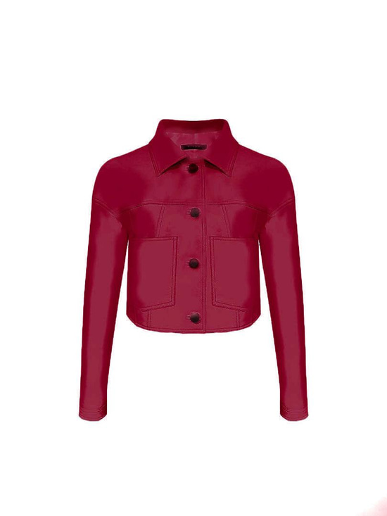 Kısa Biker Deri Ceket - Bordo