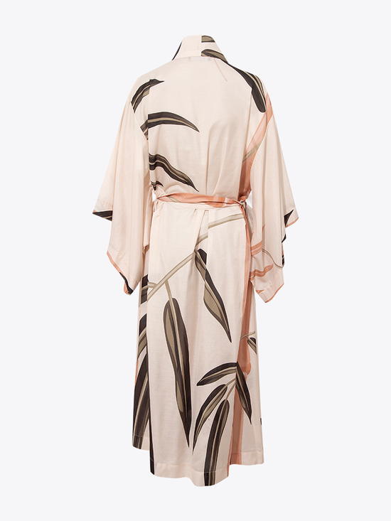 Kuşaklı Rahat Kesim Uzun Kimono - Bej Desenli