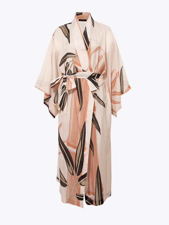 Kuşaklı Rahat Kesim Uzun Kimono - Bej Desenli