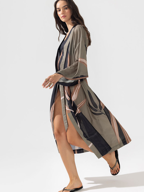 Kuşaklı Rahat Kesim Uzun Kimono - Haki Desenli