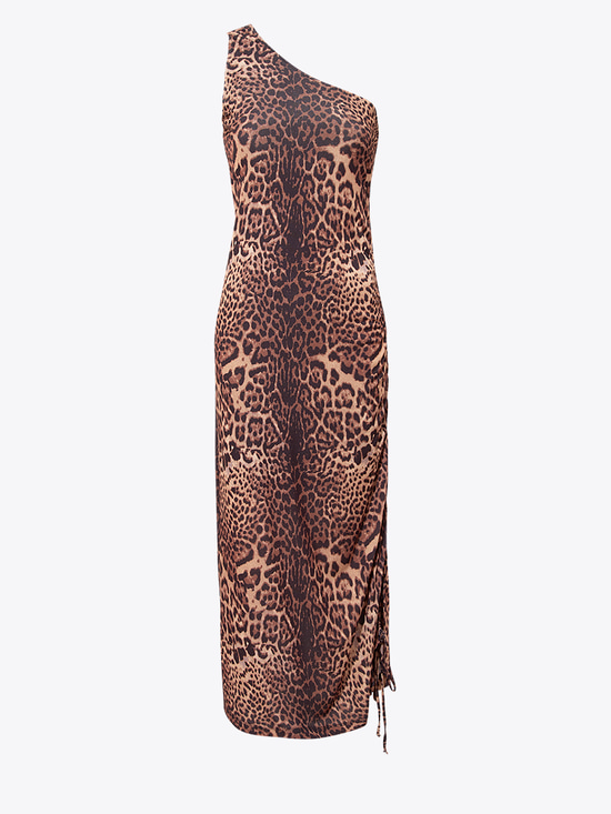 Leopar Desen Yandan Ayarlanabilir Tünel Büzgülü Tek Omuz Drape Elbise - Leopar Desenli