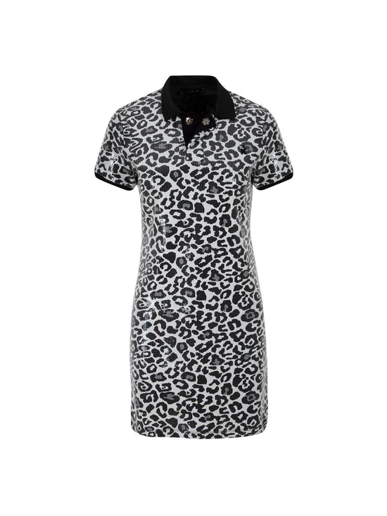 Leopar Payetli Polo Yaka Mini Elbise - Leopar Desenli