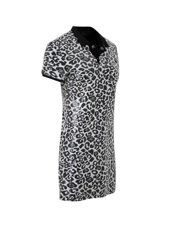 Leopar Payetli Polo Yaka Mini Elbise - Leopar Desenli
