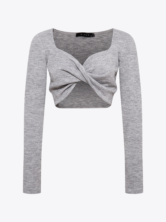 Önü Düğüm Detaylı Örme Crop - Gri