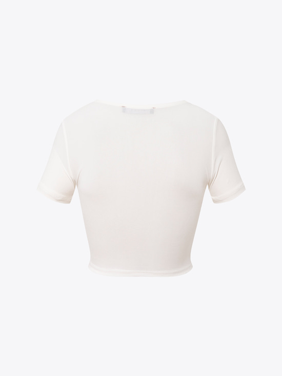 Önü Düğümlü Kısa Kollu Crop Bluz - Ekru
