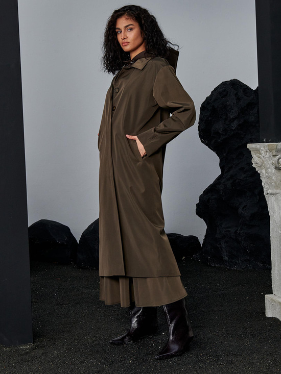 Oversize Kesim Düğmeli ve Cep Detaylı Uzun Trençkot - Haki Kaban ve Trençkot Modelleri