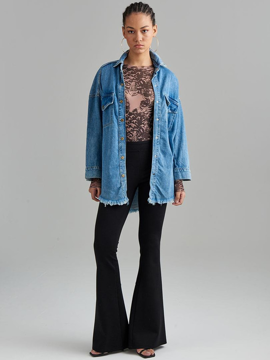 Oversize Truvakar Kol Denim Gömlek - İndigo