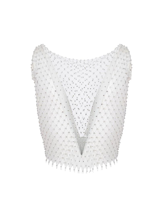 Taşlı Crop File Tshirt - Beyaz