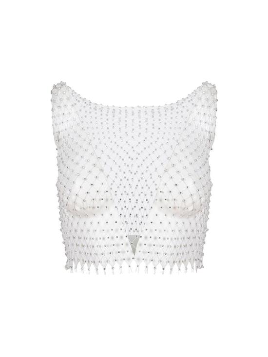 Taşlı Crop File Tshirt - Beyaz