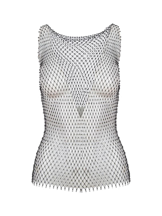 Taşlı Uzun File Tshirt - Siyah