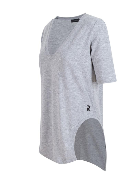 V Yaka Önü Arkası Uzun Basic T-shirt - Gri Melanj