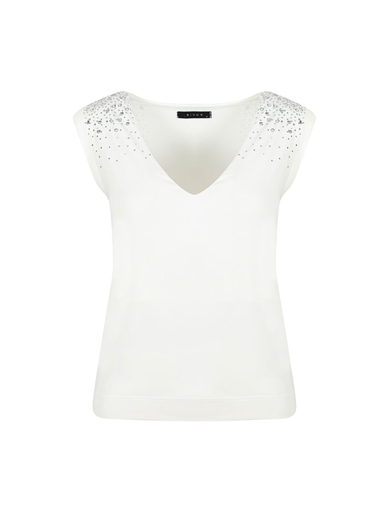 Vatkalı Jarse Kristal Taşlı T-shirt - Ekru