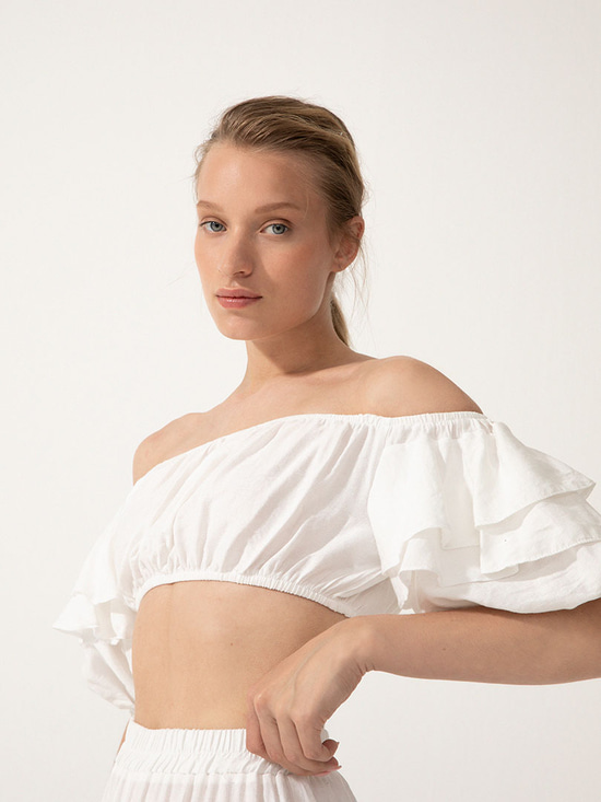 Volanlı Crop Top - Ekru