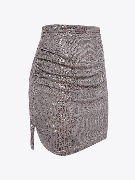 Yanı Yırtmaçlı Drape Detaylı Pullu Etek - Gri