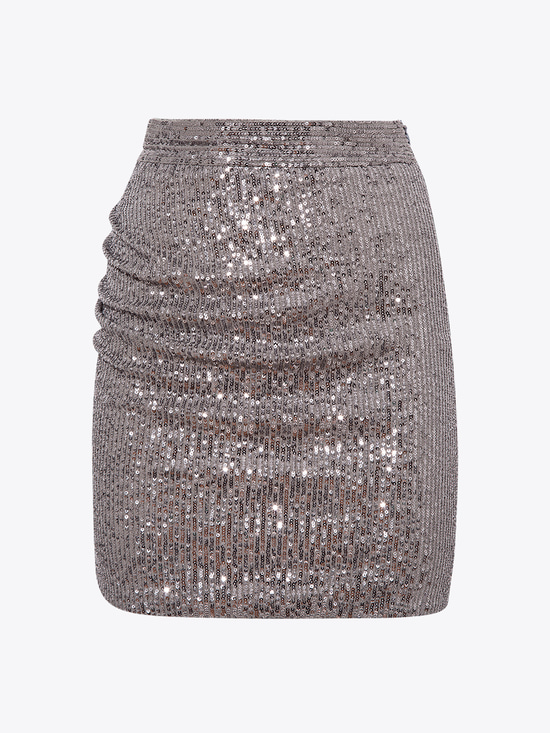 Yanı Yırtmaçlı Drape Detaylı Pullu Etek - Gri