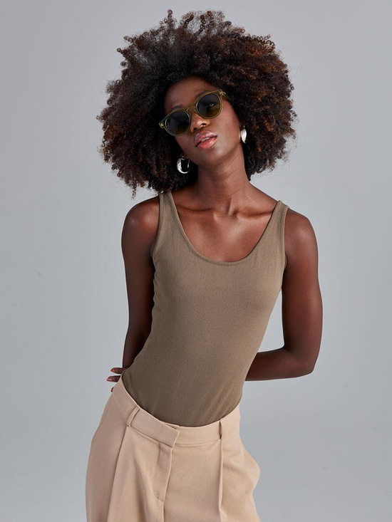Yüzücü Atlet Kesim Alttan Çıtçıtlı Triko Bodysuit - Haki