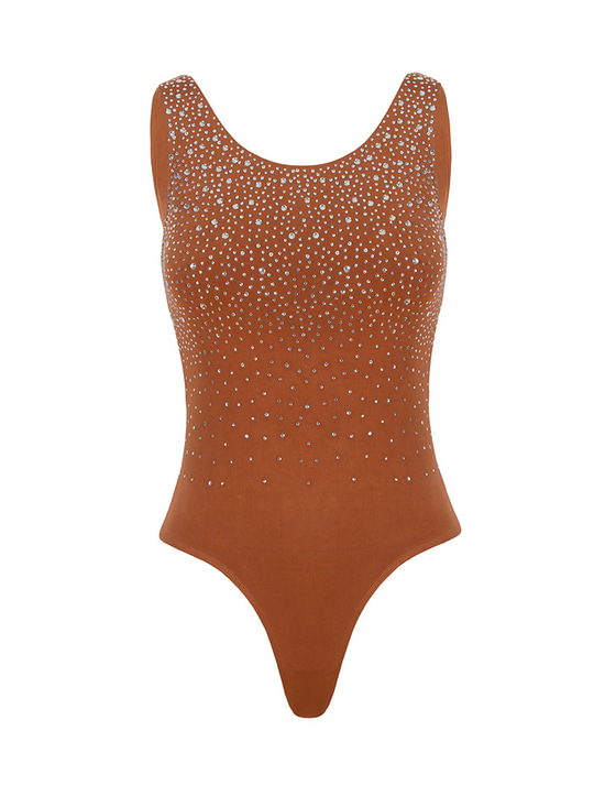 Yüzücü Atlet Kesim Sık Kristal Taşlı Body - Taba