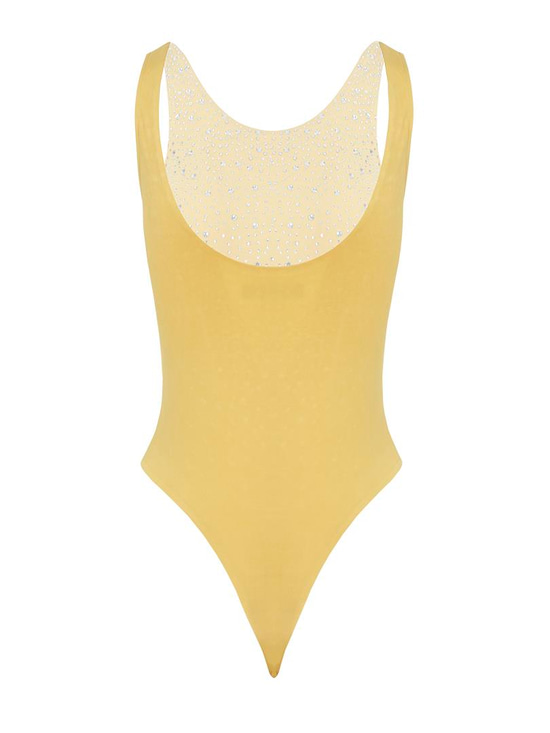 Yüzücü Atlet Kesim Sık Kristal Taşlı Body - Sarı