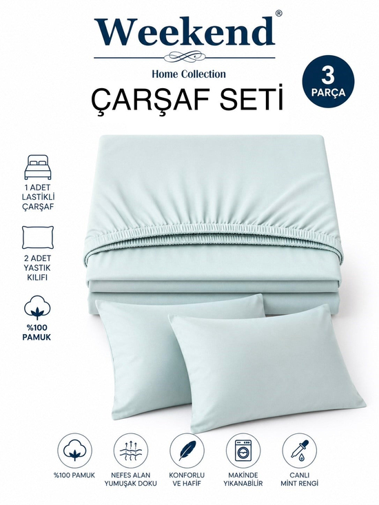 Weekend Çift Kişilik %100 Pamuk Ranforce Lastikli Çarşaf Seti – 160X200 Cm Açık Mavi