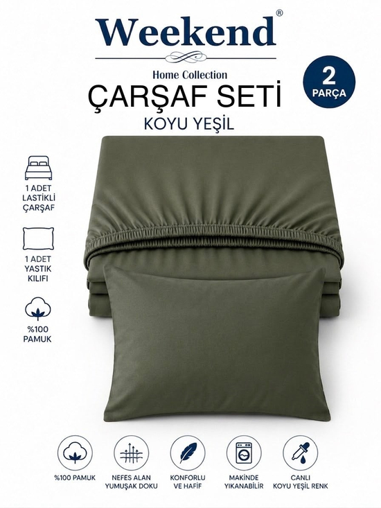 Weekend Tek Kişilik %100 Pamuk Ranforce Lastikli Çarşaf Seti – 100X200 Cm Koyu Yeşil