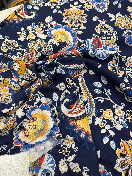 Renkli Şal Desenli Çift En Viskon D2580 Lacivert