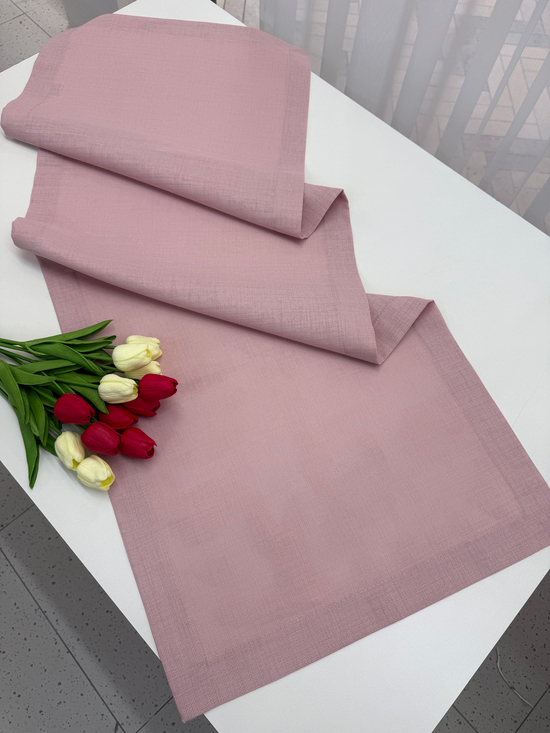 Köşe Çevrili Linen Kumaş Runner Pudra Pembesi