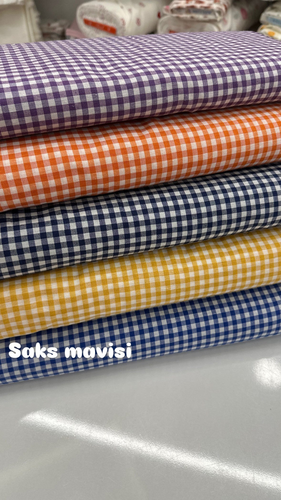 Mini Kareli Desen Poly Poplin Kumaş Saks Mavi