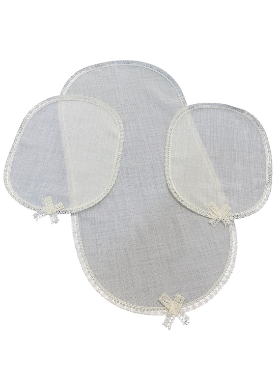Kenarları Güpür Detaylı Üç Parça Oval Set Krem