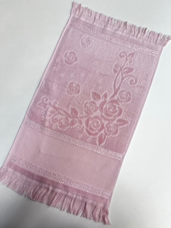 Etamin Boşluklu, Püsküllü Kadife Mutfak Havlusu Pembe