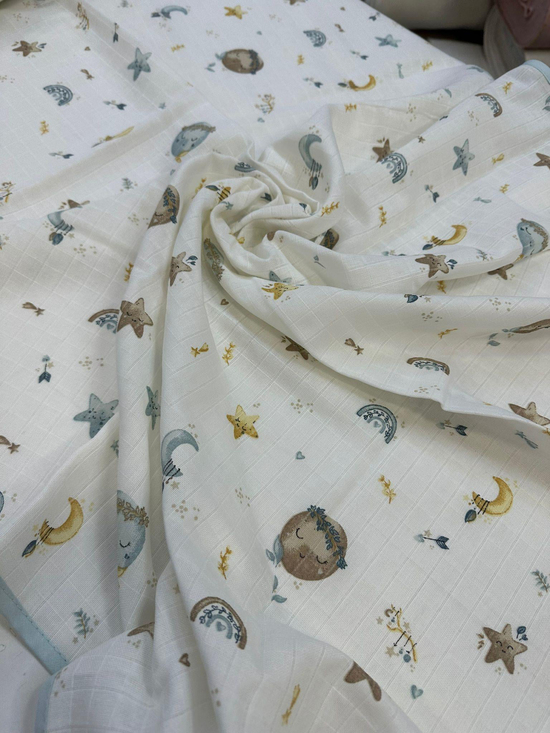 Biye Detaylı Mavi Boho Gökyüzü Desen Müslin D3350 Hazır Örtü