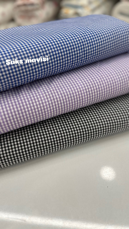 Mini Kareli Poplin Kumaş Saks Mavi