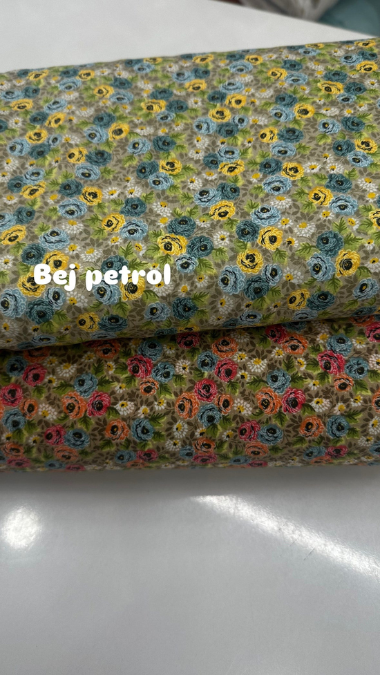 Mini Güller Desen Poplin D710 Bej Petrol