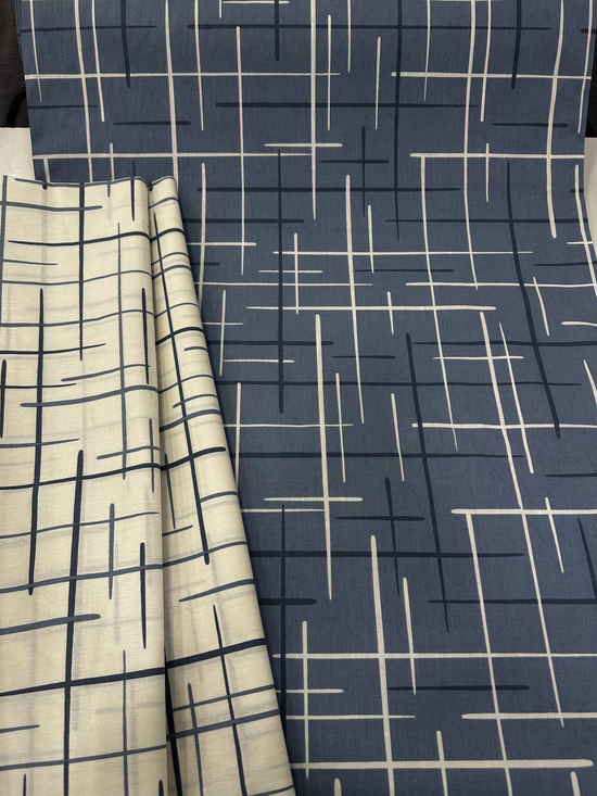 Geometrik Desen Akfil Kumaş D80950 indigo zemin beyaz çizgili