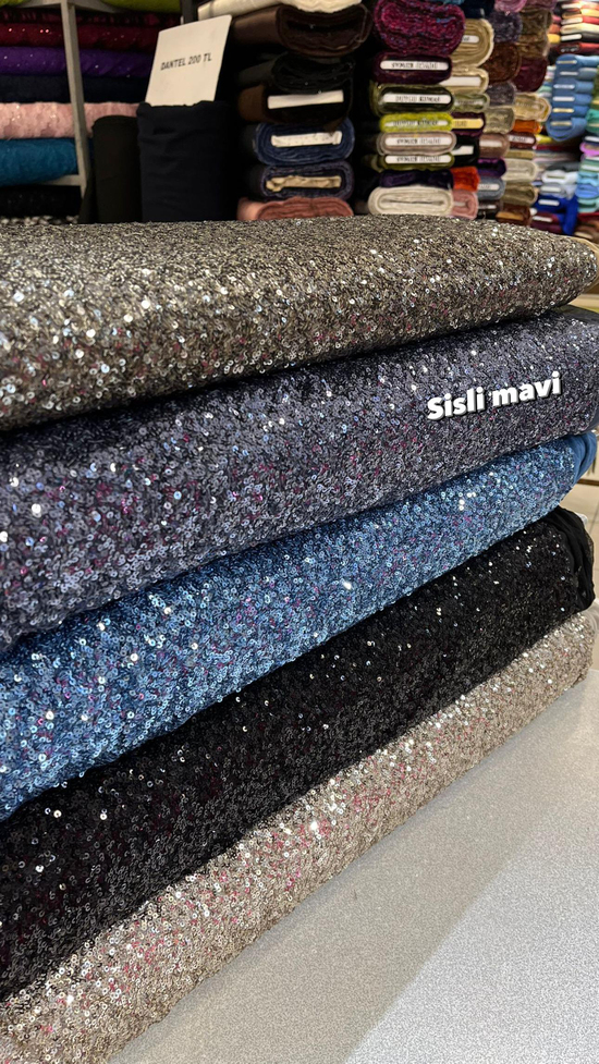 Sisli Mavi Sıvama Merserize Yoğun Pul Payet Kumaş
