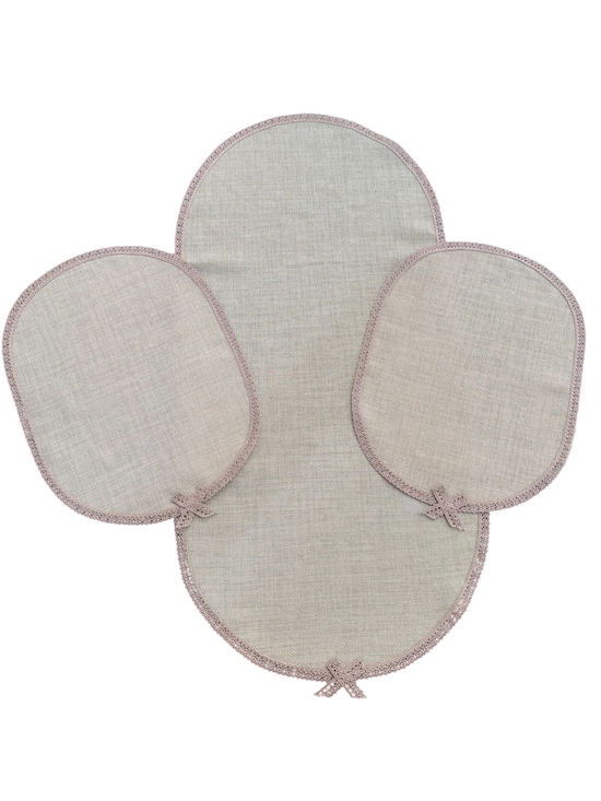 Kenarları Güpür Detaylı Üç Parça Oval Set Sedefli Taş Rengi