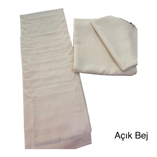 Linen Kumaş 12 Kişilik Masa, Peçete ve Runnerdan Oluşan Köşe Çevrili Servis Takımı Açık Bej