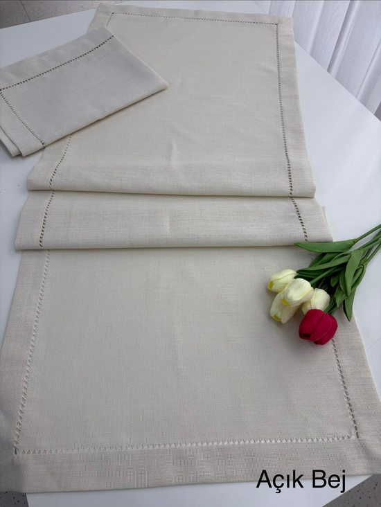 Ajur Detaylı Linen Kumaş Runner Açık Bej